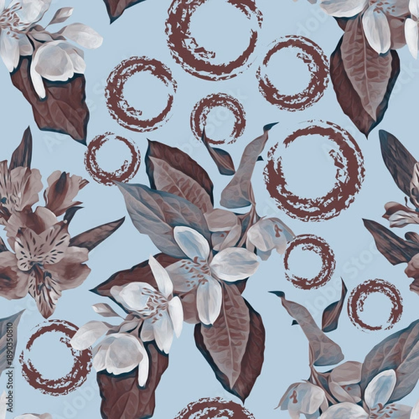 Obraz Colored Jasmine flowers with circles seamless pattern.