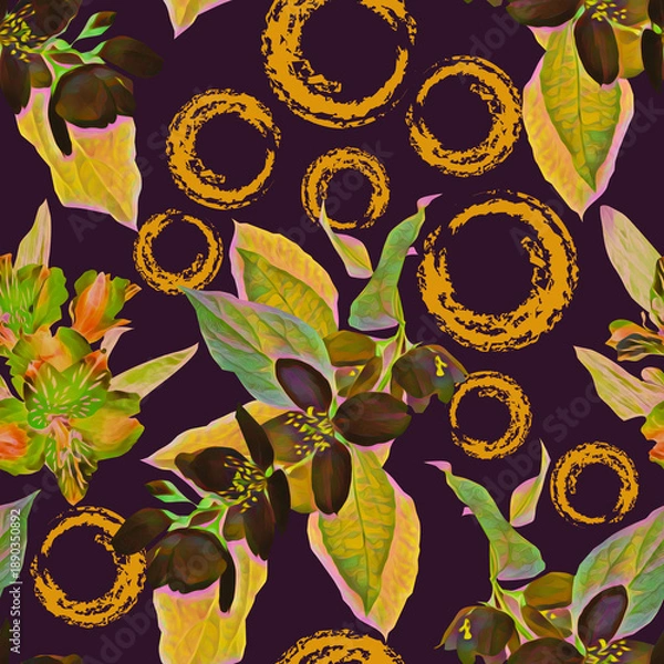 Obraz Colored Jasmine flowers with circles seamless pattern.