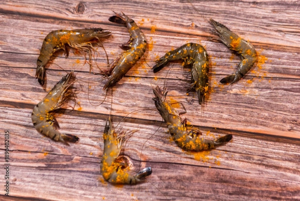 Obraz Many Prawn on woden background