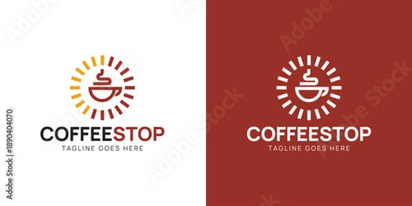Obraz Coffee Stop Logo Design with Cup and Circular Rays
