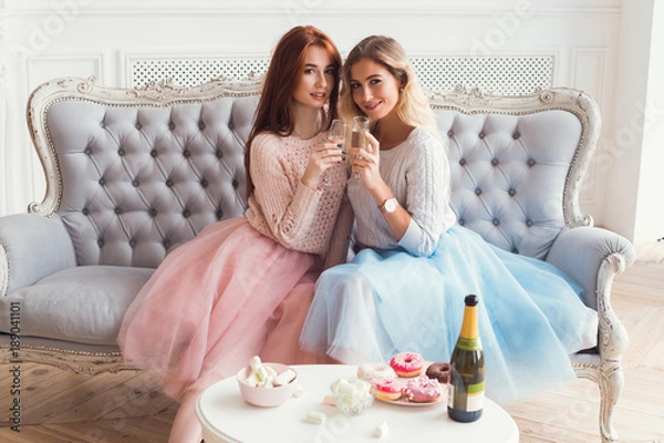 Fototapeta Two girls are sitting on the sofa and hugging. They are drinking
