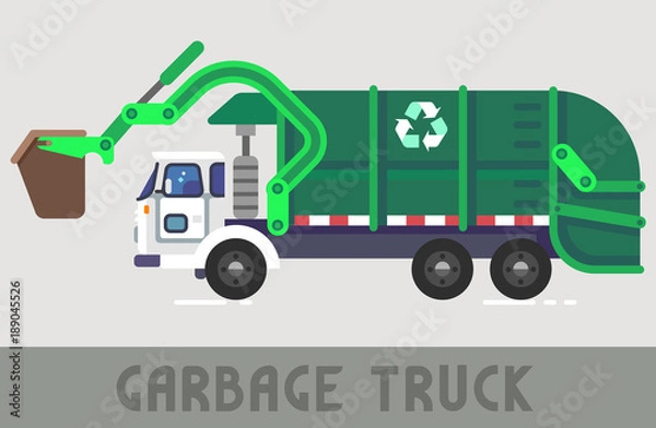 Obraz Green Garbage Truck in Flat Style