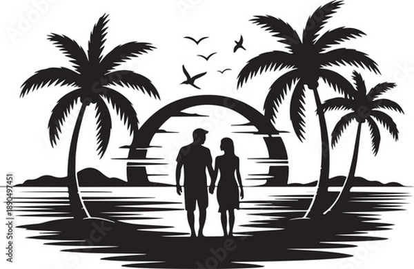 Obraz Romantic Beach Couple Silhouette