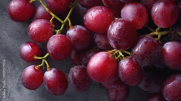 Obraz Fresh Red Grapes Cluster with Dew Drops on Stem