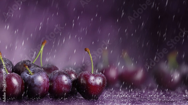 Obraz Raindrop-Covered Cherries in a Moody Setting