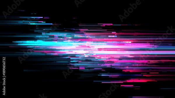 Obraz 漆黒の空間を鮮やかなネオンの閃光が水平に突き抜けるスピード感あふれるグリッチ抽象背景