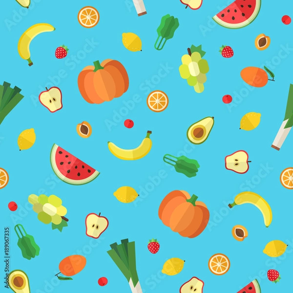 Fototapeta Flat vegetables and fruits seamless vector pattern. Part one.