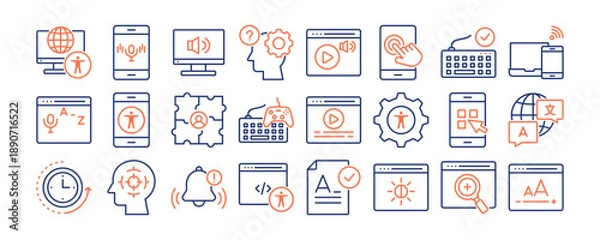 Obraz Digital Accessibility icon collection. Containing design Accessible Website, Voice Navigation, Screen Reader, Cognitive Support, Touch Navigation, Audio Description