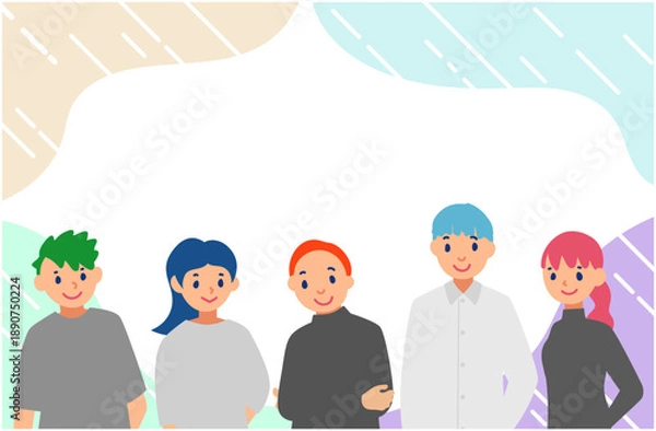 Obraz グローバルなチームメンバーが並ぶカラフルなフレームイラスト