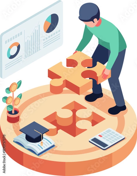 Obraz Isometric Man Solving Financial Literacy Puzzle
