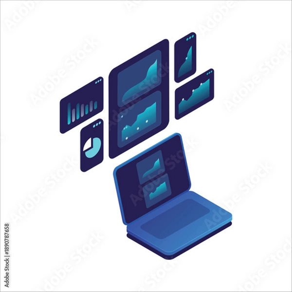 Obraz Dashboard chart graph on screen laptop isometric. Data analyst, analyzing data, analytic chart, business chart on digital screen