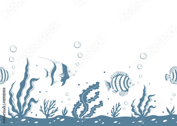 Fototapeta Underwater hand drawn seamless pattern. Vector illustration.