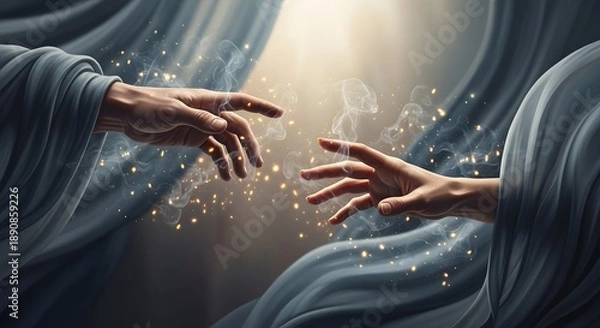 Obraz Hands reaching towards each other with glowing particles between them