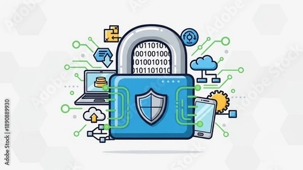 Obraz Digital security concept with padlock shield and devices for online protection and data encryption