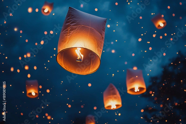 Obraz Multiple Glowing Sky Lanterns Floating in Dark Night Sky
