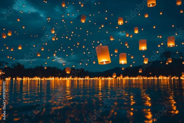 Obraz Multiple Glowing Sky Lanterns Floating in Dark Night Sky