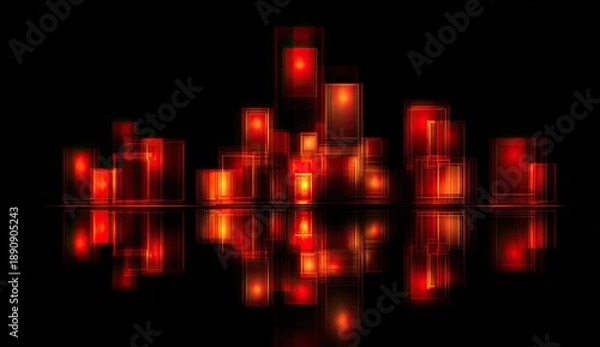 Obraz Abstract cityscape with glowing red rectangles and reflections