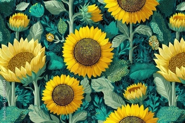 Obraz Vibrant sunflower pattern with deep teal foliage