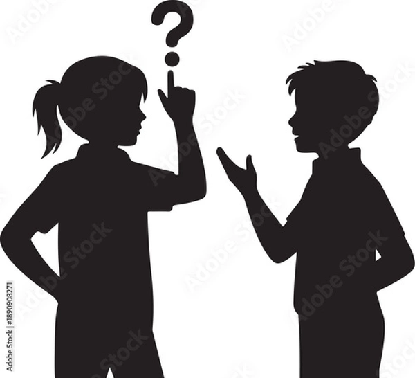 Fototapeta Two silhouettes one with a question mark and one gesturing