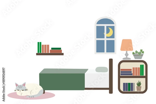 Obraz 月明かりの寝室イラスト｜丸まる猫と本棚のある静かな部屋