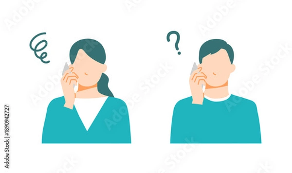 Obraz スマートフォンで問合せをして困ったり疑問に思っている一般の男女のイラスト