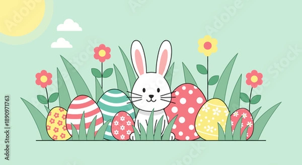 Obraz Cute Flat Style Easter Illustration with Bunny and Decorated Egg