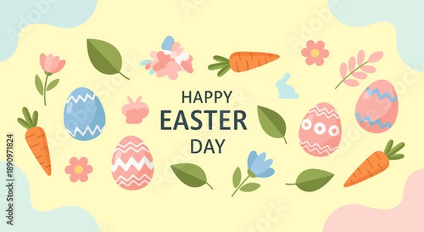 Obraz Cute Flat Easter Egg and Carrot Decorative Element with Pastel Background