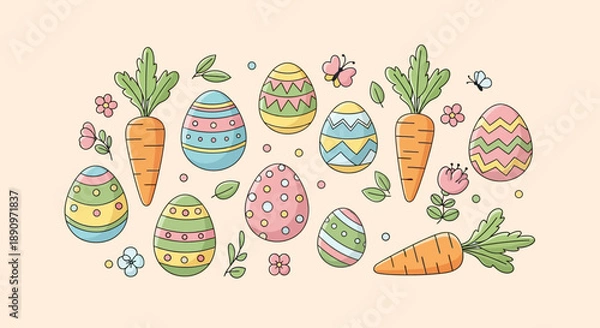 Obraz Cute Handdrawn Pastel Easter Egg and Carrot Pattern Spring Illustration