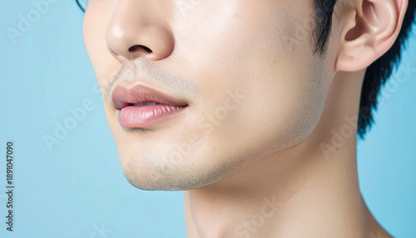 Obraz 青ひげや剃り残しがある若い男性の顔　口元や顎のクローズアップ　メンズスキンケア・美容・脱毛イメージ