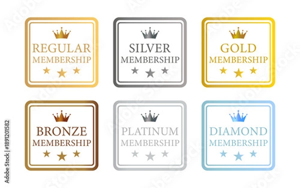 Fototapeta 王冠アイコン付きメンバーシップランクバッジセット、レギュラー・シルバー・ゴールド・ブロンズ・プラチナ・ダイヤモンド