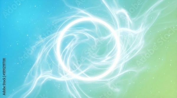 Fototapeta 青と緑のグラデーション背景に輝く白い光の渦と円形