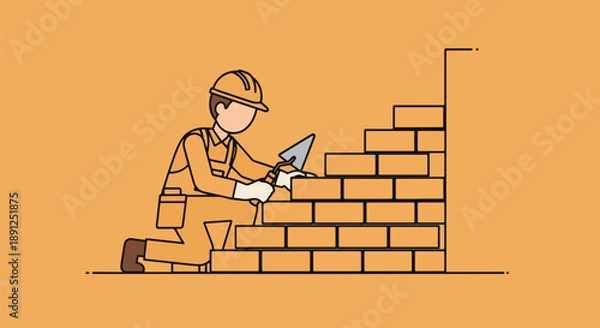 Obraz Construction Worker Building Brick Wall with Trowel.