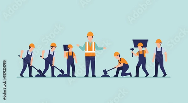 Obraz Construction Workers Building Together with Supervisor Overseeing Project.