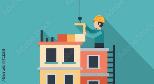 Obraz Construction Worker Building Skyscraper with Crane Flat Style.