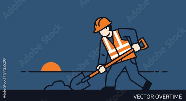 Obraz Construction Worker Digging at Sunset Overtime Work Concept.