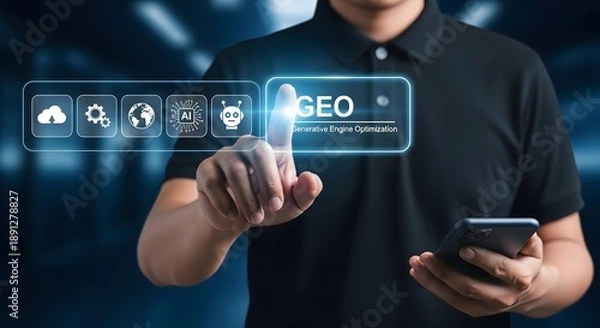 Fototapeta GEO Generative Engine Optimization Concept. Man Using Smartphone and Touching Virtual AI Interface.
