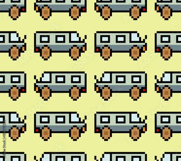 Obraz Seamless pattern with 8 bit retro bus and van pixel art.