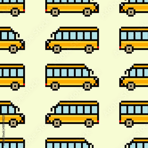 Obraz Seamless pattern with 8 bit retro school bus pixel art