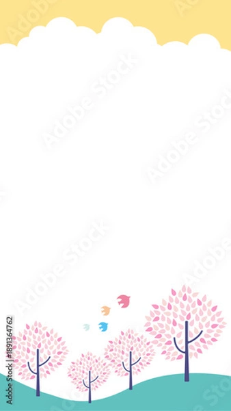 Fototapeta 春の森のイラスト　桜と鳥の可愛い背景イラスト