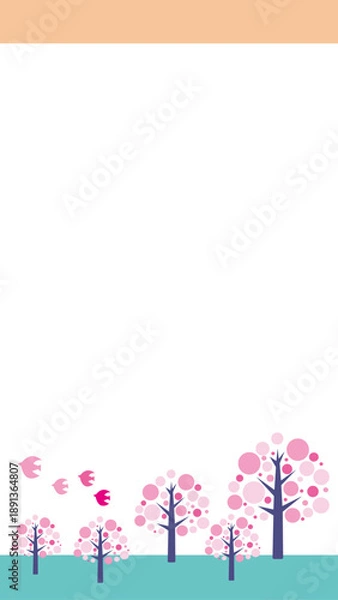 Fototapeta 春の森のイラスト　桜と鳥の可愛い背景イラスト