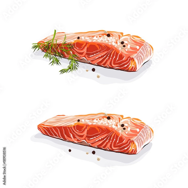 Fototapeta Salmon meat. Salmon steaks with dill isolated on white background. Vector illustration