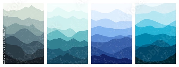 Obraz Piękne krajobrazy górskie w różnych kolorach. Zestaw warstw pionowych tła. Stylowe szablony kart zewnętrznych. Teksturowana ilustracja wektorowa do projektowania plakatów, banerów, ulotek i okładek.