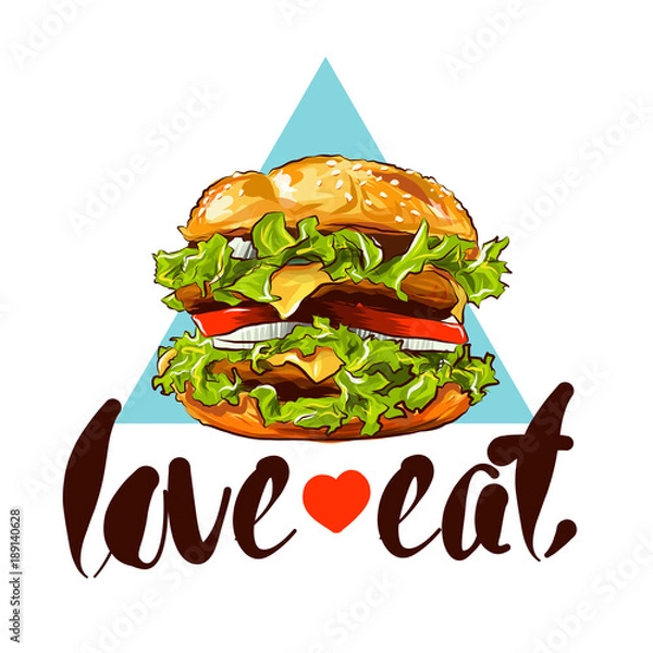 Fototapeta Burger hand drawn colour illustration with slogan