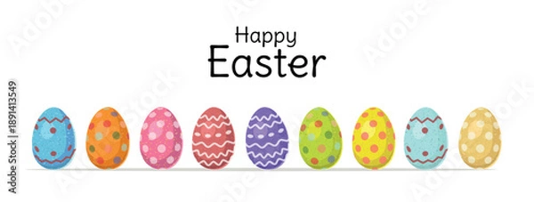Obraz Easter banner. Colorful eggs lined up on a white background. Happy Easter.
