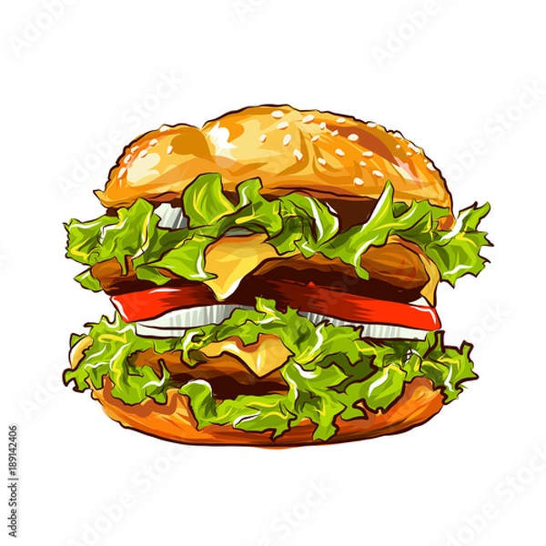 Fototapeta Vector Fast Food Hamburger Classic Burger American Cheeseburger with Lettuce Tomato Onion Cheese Beef and Sauce isolated on white Background