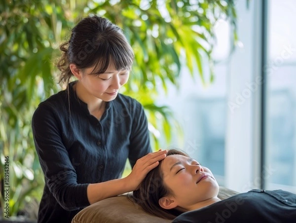 Obraz 観葉植物に囲まれた空間でリラクゼーションマッサージを受け心身が安らぐ女性の癒しシーン