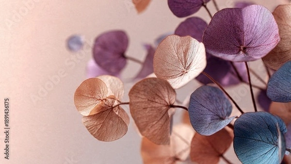 Obraz Dried Eucalyptus Leaves Flat Lay on Pink Background
