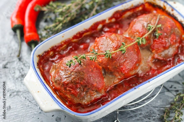 Obraz Baked meatballs from beef in tomato sauce with thyme