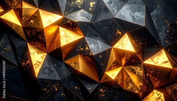Obraz 光と影が織りなす金色の低ポリゴン結晶