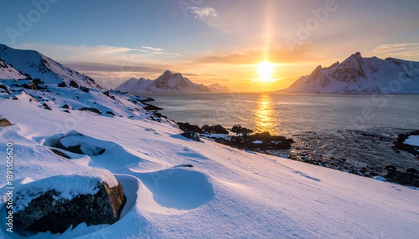 Obraz Snowy mountains reflect winter sunset light